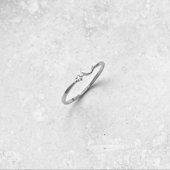 🌙 TOP SELLER🌙 Silver Tiny Crescent Moon and CZ Star Ring, Silver Rings Celestial - Picture 6 of 9